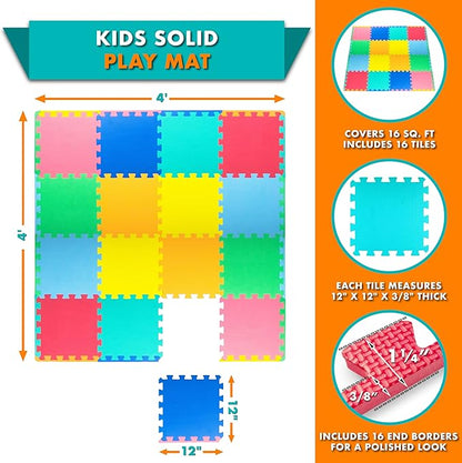 ProSource Foam Puzzle Floor Play Mat for Kids and Babies with Solid Colors, 36 or 16 Interlocking Tiles with Borders, Assorted