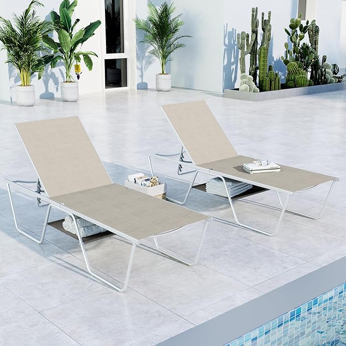 MFSTUDIO Outdoor Chaise Lounge Chairs of 2, Patio Recliner Lounge Chairs with 5 Adjustable Positions, Patio Pool Tanning Lounger Chairs, Textilene, All Weather Use