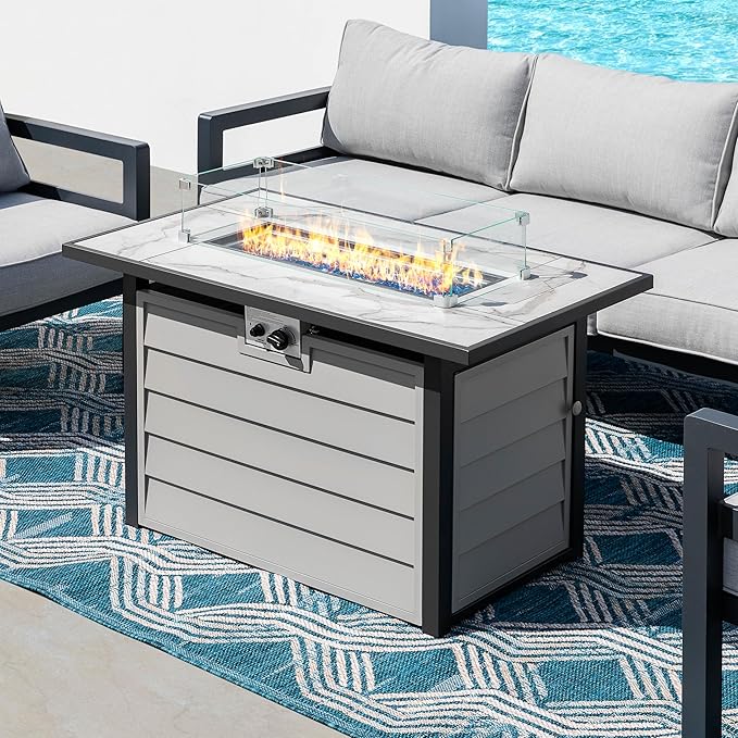 Nuu Garden 43'' Patio Propane Fire Pit Table, 50,000 BTU Gas Fire Pit with Marble-Textured Glass Top, Wind Guard, Lid, Glass Beads, CSA-Certified, 2-in-1 Outdoor Table for Gatherings, Ivory White