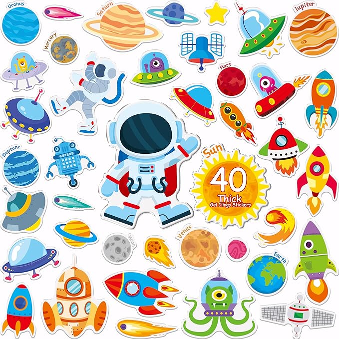40PCS Space Jelly Stickers, Universe Thick Window Door Clings Removable Reusable Planet Gel Clings Decals for Kids Toddlers Adults Home Classroom Nursery Decorations Party Supplies (Not Edible)