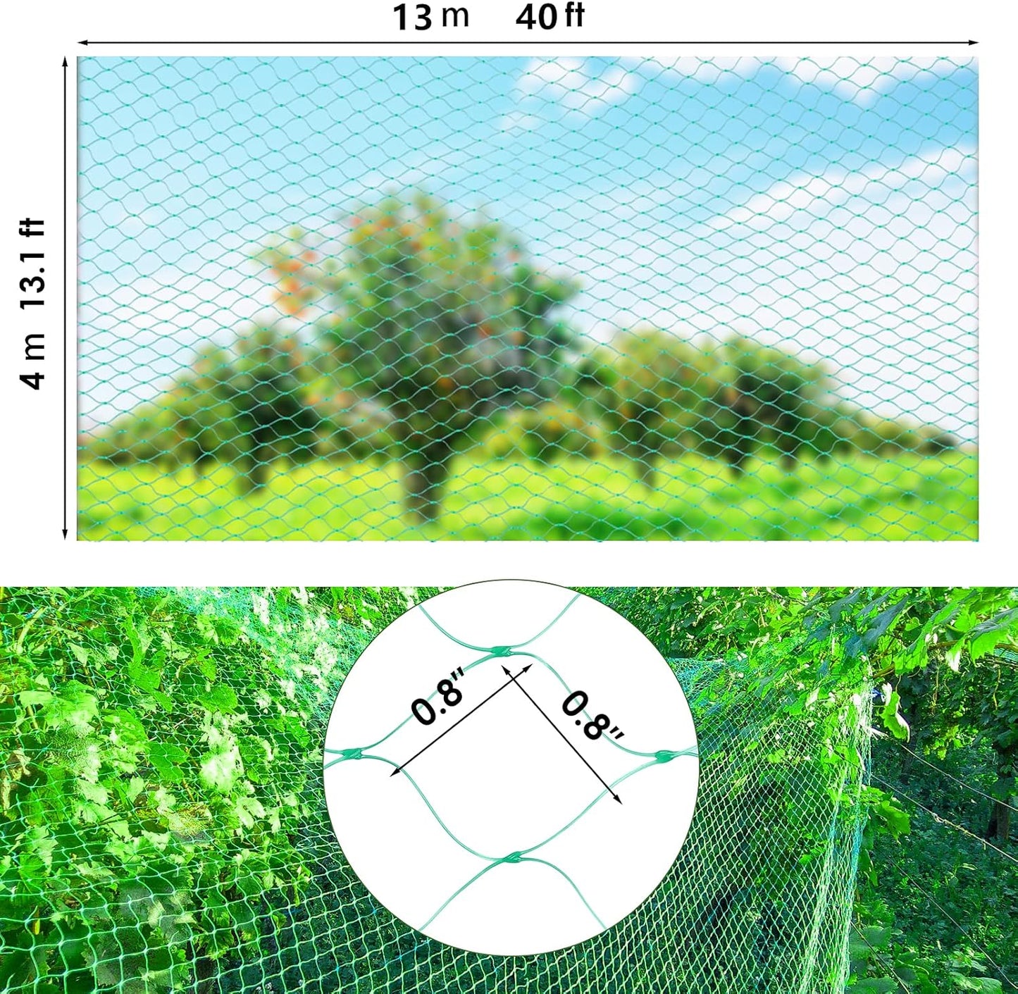 13X40Ft Bird Netting for Garden Protect Vegetable Plants and Fruit Trees,Plastic Trellis Netting for Birds, Deer,Squirrels and Other Animals