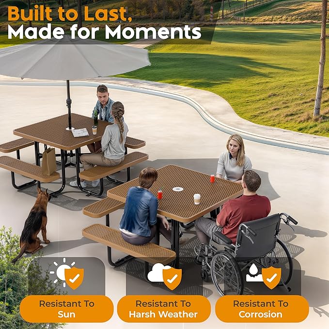 Metal Picnic Tables for Outdoors with Umbrella Hole - Coated Steel Heavy Duty Commercial Grade Table with Adjustable Seats (Brown, 46 in, Square, Expanded Steel)