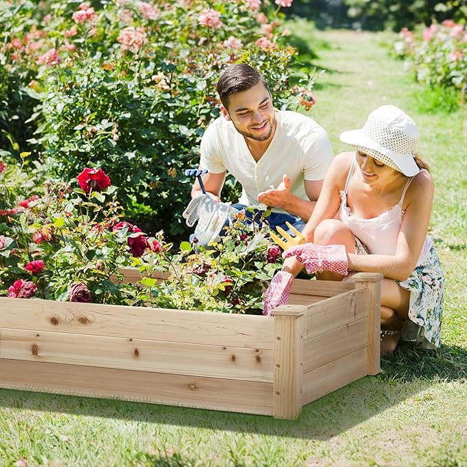 8 Feet Outdoor Wooden Raised Garden Bed, Elevated Planting Planter Box Kit for Vegetables Fruits Grow Yard Gardening, Natural