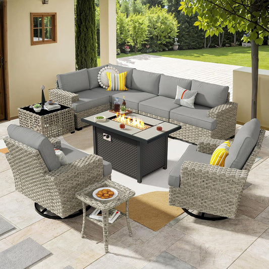 HOOOWOOO Outdoor Sectional Patio Furniture Set with Fire Pit Table,10 Pieces Wicker Conversation Sets L Shaped Couch,Extra Deep Out Door Sofa Outside Furniture with Swivel Chairs,Charcoal Gray