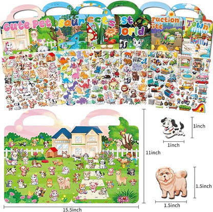 6 Set Reusable Sticker Books for Toddlers 3-5, Kids 3D Puffy Stickers (Dinosaurs, Forest, Town, Pets, Construction, Insects), Sticker Activity Books