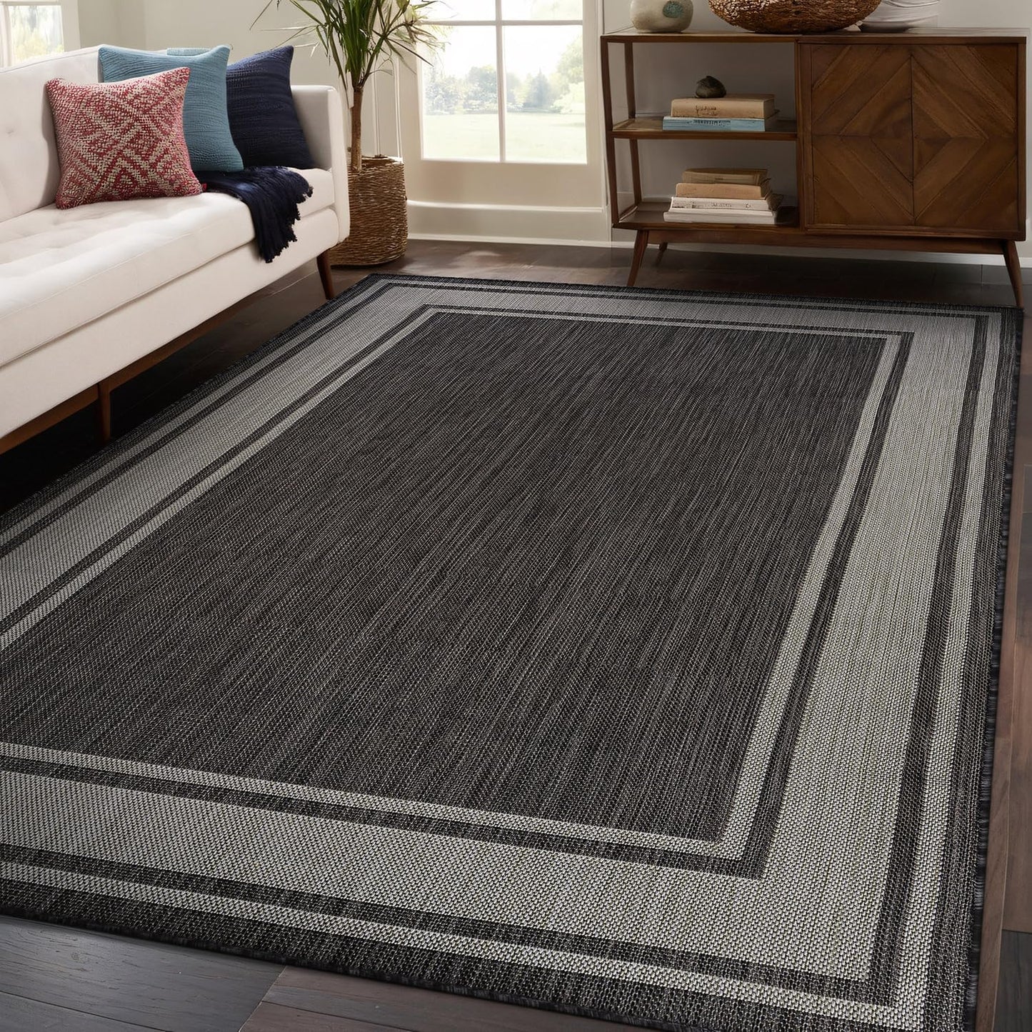 Beverly Rug Large Outdoor Rug 10x14 Modern Bordered Area Rugs for Indoor and Outdoor Patio Deck Porch Garden Waterproof Weather Sun Resistant Washable Outside Carpet (10 x 14 Dark Gray)
