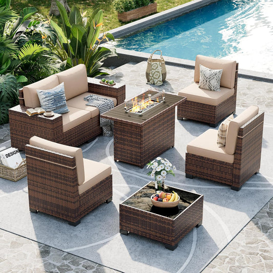 UDPATIO Patio Furniture Set with Fire Pit Table, 8 Inch Armrest Outdoor Sectional Sofa, 7 Piece Wicker Outdoor Furniture Conversation Sets with Waterproof Cover for Backyard Deck(Brown/Khaki)