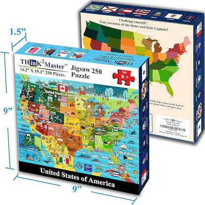 Think2Master United States Map 250 Pieces Jigsaw Puzzle Fun Educational Toy for Kids 8-10 10-12, School & Families. Great Gift for 8+ to Stimulate Learning of USA. Size: 14.2” X 19.3”