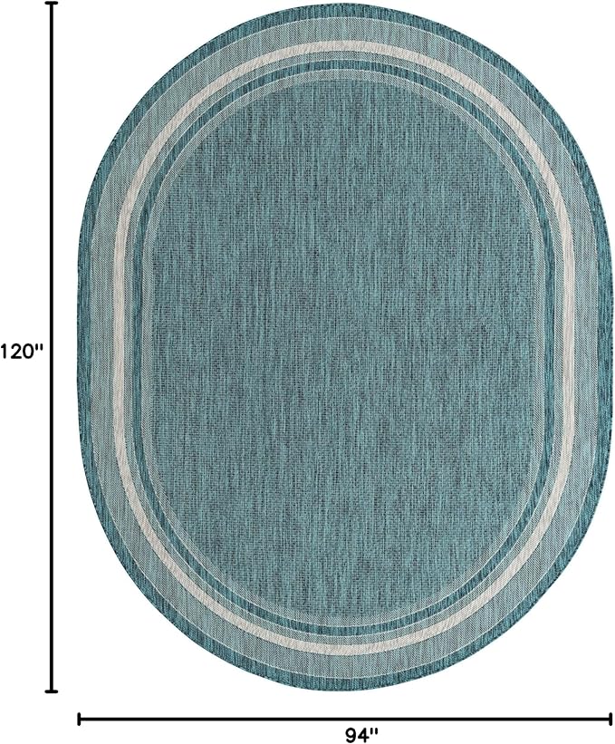 Unique Loom Outdoor Border Collection Area Rug - Soft Border (7' 10" x 10' Oval, Teal/ Ivory)