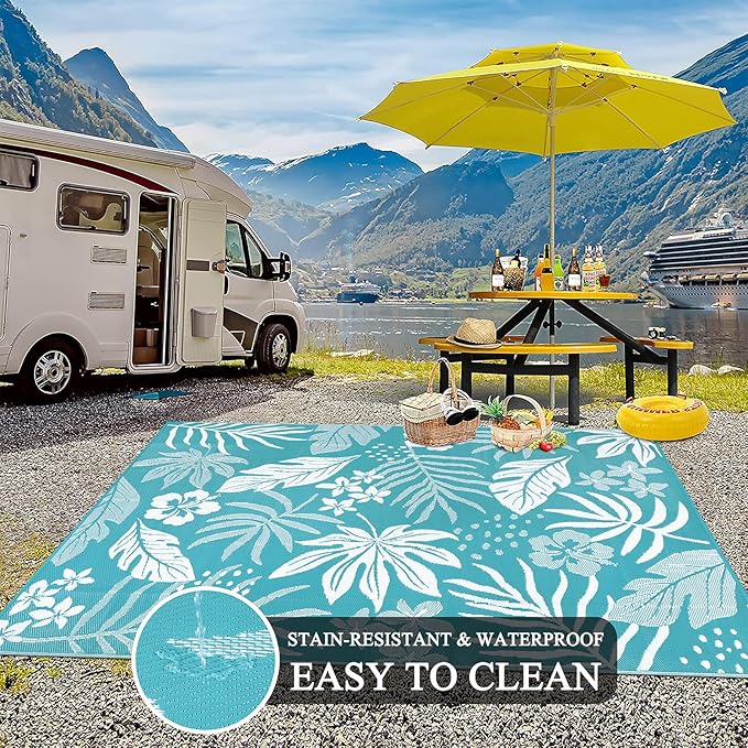Pauwer Waterproof Outdoor Rug 8x10, Reversible Plastic Straw Patio Camping Rug, Indoor Outdoor RV Mat Carpet for Deck, Camper, Porch, Balcony, Backyard, Picnic, Floral Teal