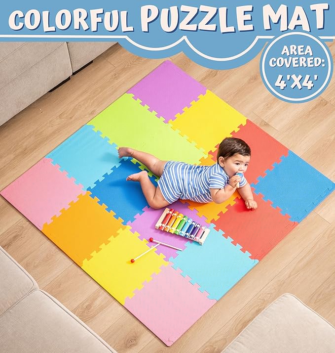 TOYVELT Foam Puzzle Floor Mat for Kids 12x12-16 Interlocking Play Mat Tiles with Colors, Shapes, Alphabet, ABC, Numbers - Educational Large Puzzle Foam Floor Tiles for Crawling