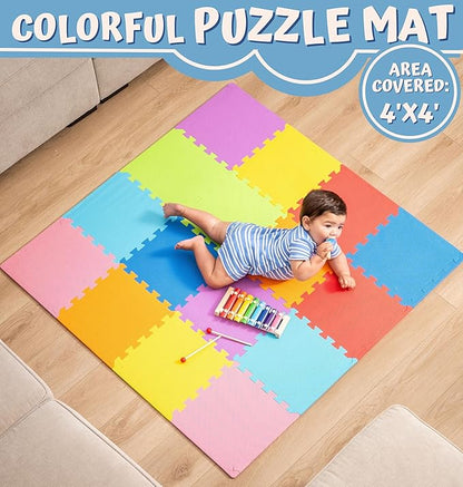 TOYVELT Foam Puzzle Floor Mat for Kids 12x12-16 Interlocking Play Mat Tiles with Colors, Shapes, Alphabet, ABC, Numbers - Educational Large Puzzle Foam Floor Tiles for Crawling