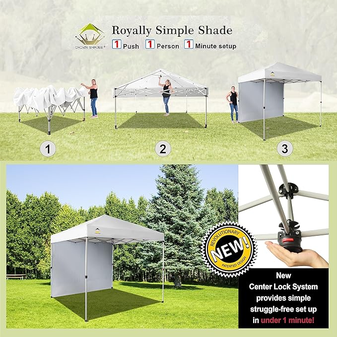 CROWN SHADES 8x8 Pop Up Canopy with 1 Side Wall - Beach Tent with One Push Setup - Outdoor Sun Shade for Events, Parties, Camping - Gazebo with STO-N-Go Cover Bag (White)