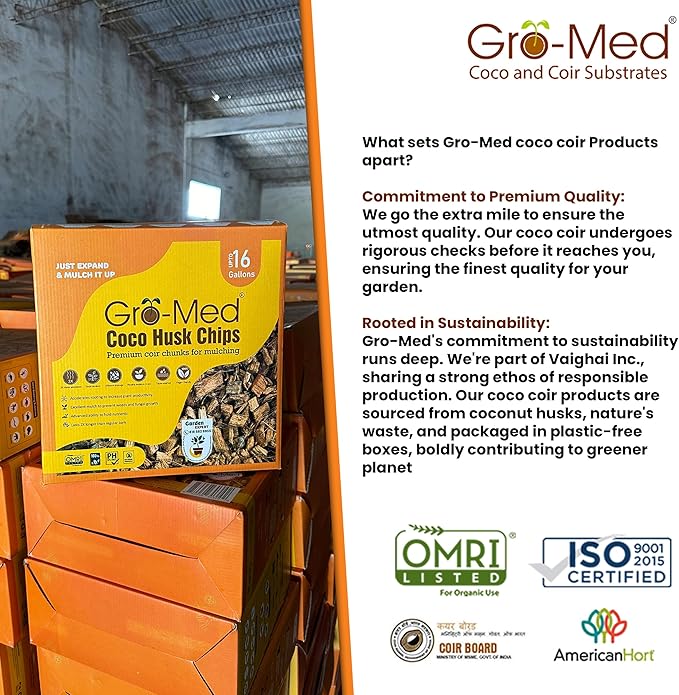 Gro-Med Coco Husk Chips Brick - Expand Upto 70 Quarts Coconut Chip Substrate, Plants, Gardening, Potting Soil Mix, Orchid Bark Alternative-OMRI Certified, Low EC, Balanced pH