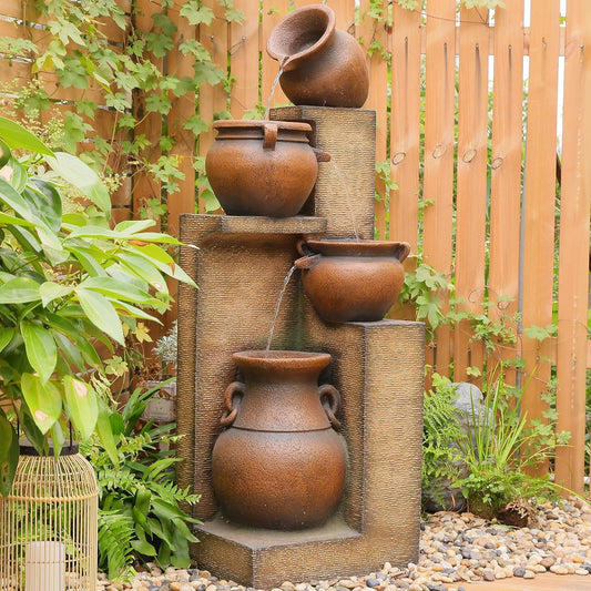 53" H Large Outdoor Water Fountain with Lights - 4 Tiered Cascading Bowls Waterfall Fountain for Garden, Patio, Backyard, Porch Inside - Freestanding Outdoor Water Feature Gold