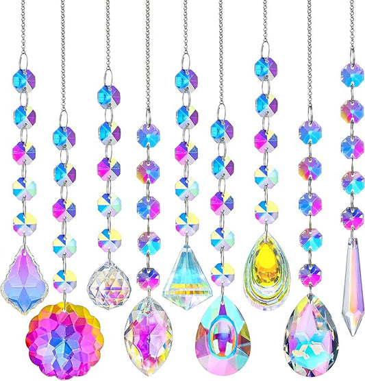 KANPURA 9 PCS Crystal Rainbow Suncatchers, Hanging Crystals Sun Catchers with Chain for Windows, Colorful Suncatcher Prism Pendant Hanging Crystals for Home Wedding Decor