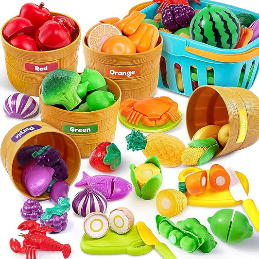 JOYIN Educational Toys Play Food Set for Toddlers, Cutting Food for Preschool Activities, Pretend Play Kitchen Accessories, Learning Toys, Color Sorting Set for Boys & Girls, Gifts for Christmas