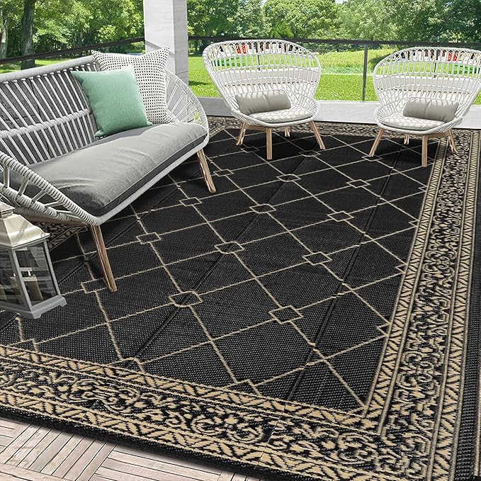 HEBE Outdoor Rug Waterproof 8x10, Reversible Plastic Straw Rug RV Camping Rug, Indoor Outdoor Patio Mat Clearance, Outside Carpet for Porch,Deck,Camper,Balcony,Backyard,Picnic
