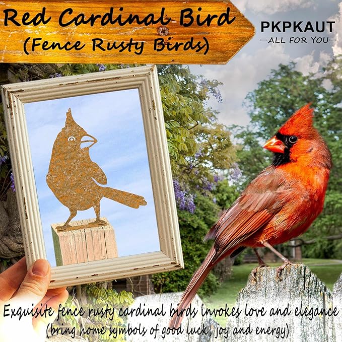 5Pcs Metal Birds Cardinal Craft Statue Ornaments Fence Topper Decor, Rusty Birds Metal Art for Fence Decorations Outdoor, Metal Bird Silhouette with Rusty Yard Art
