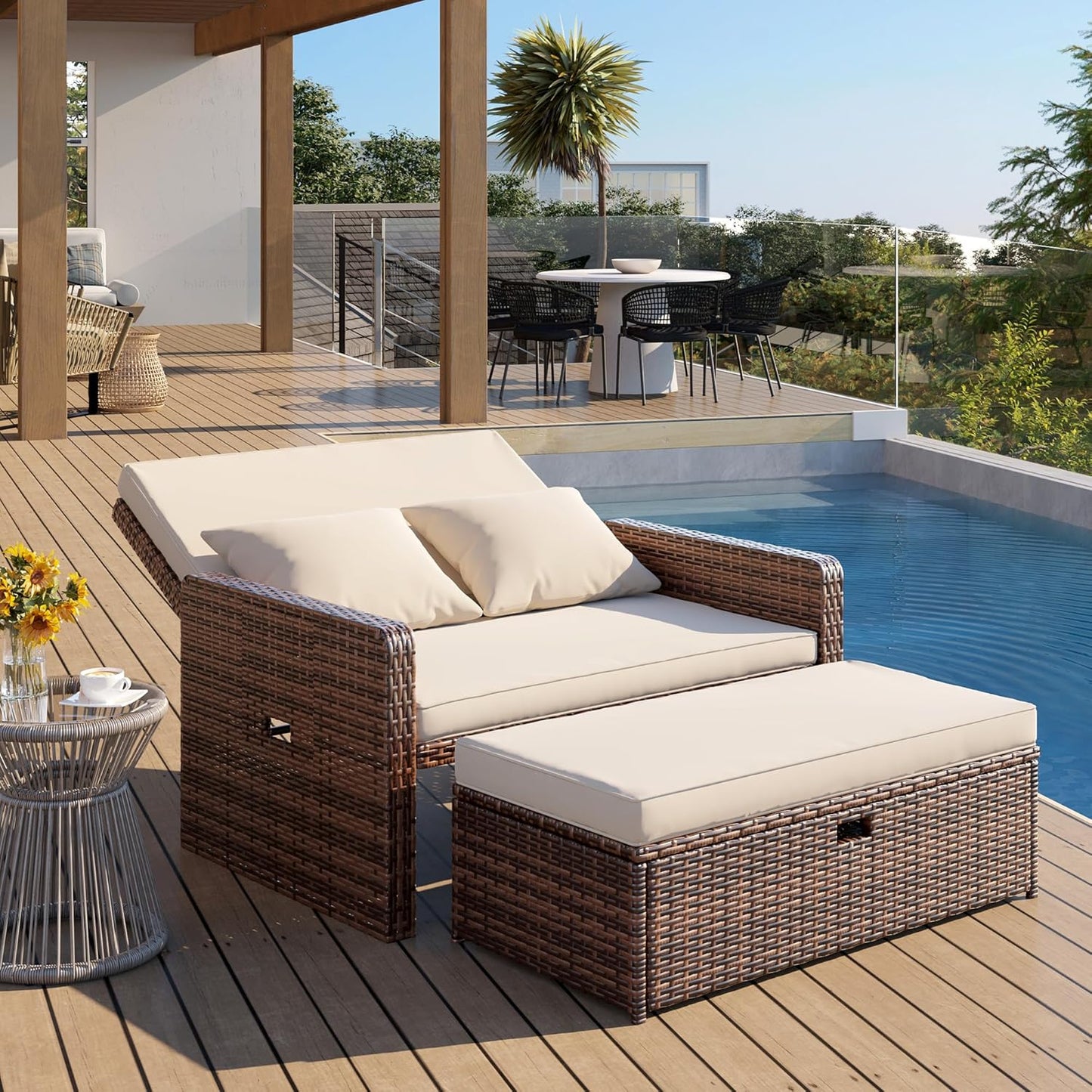 Amopatio Wicker Outdoor Daybed - Outdoor Loveseat with Storage Ottoman,4-Level Adjustable Backrest & Cushions, Patio Loveseat for Yard, Balcony, Porch, Garden, Poolside（Beige）