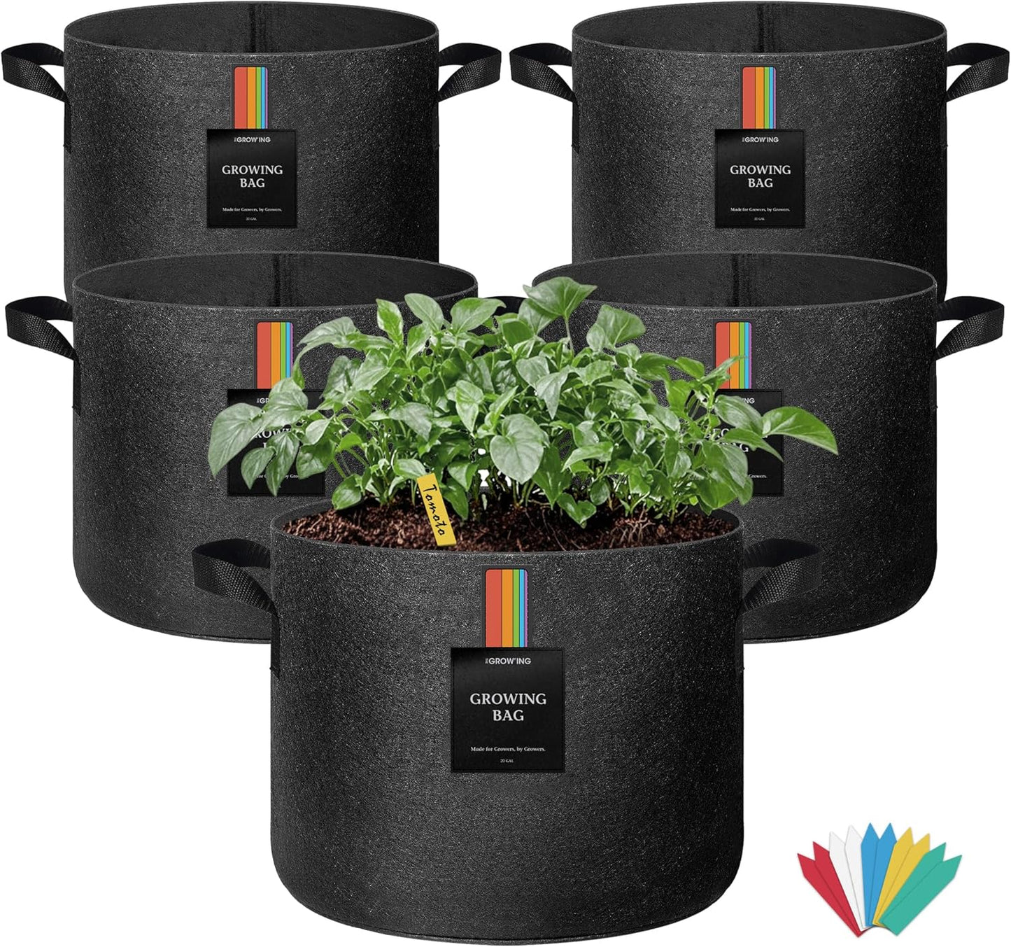 The Growing 5 Pack 20 Gallon Fabric Grow Bags，Thickened Aeration Nonwoven Fabric Plant Pots with Durable Handles,Heavy Duty 300G Planter Pot for Tomato, Fruits, Vegetables and Flowers, Black