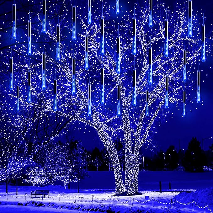 Christmas Lights, 16 Inch/40cm Meteor Shower Lights, Xmas Decorations for Outside Yard Party, LED Icicle Christmas Light Outdoor for Tree Porch House Holiday, UL Plug, Blue
