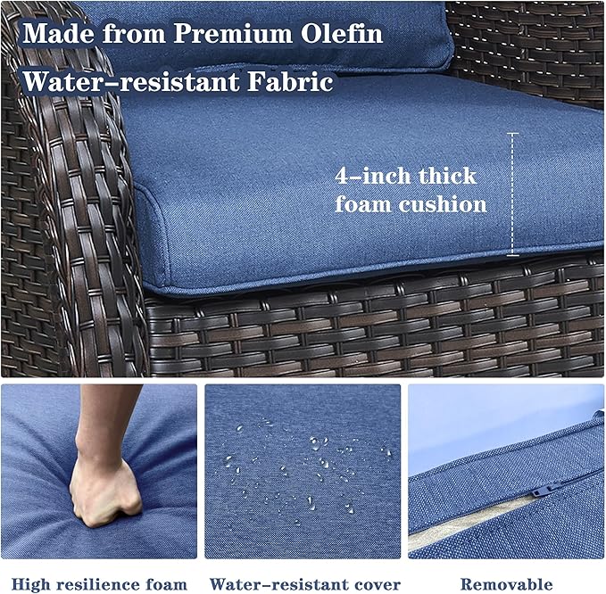 Wicker Outdoor Furniture Patio Furniture Set - 6 Piece Patio Conversation Set with Swivel Rocker Chairs, Rattan Sofa, Ottomans and Coffee Table, Blue Cushion