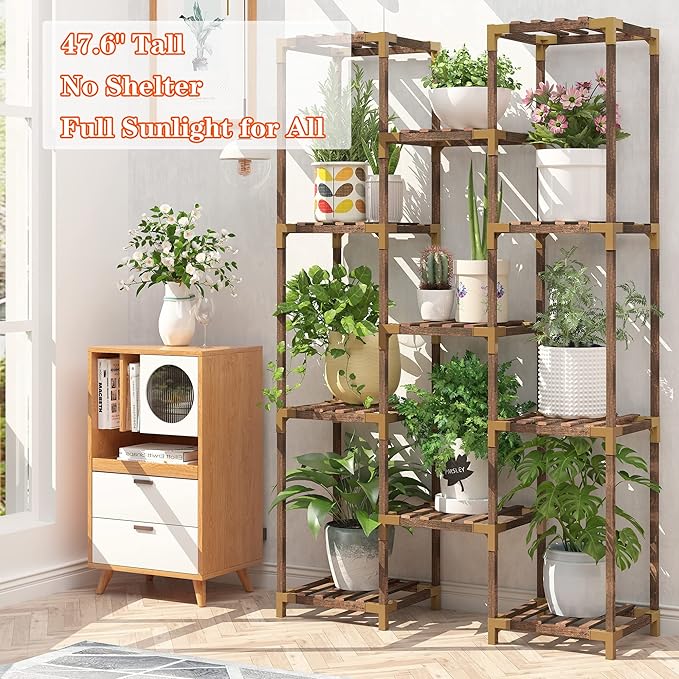 HOMKIRT Plant Stand Indoor Outdoor, 11 Tier Reinforced Plant Shelf Tall for Multiple Plants, Large Wood Plant Rack Holder, Garden Shelves, Flower Stand for Living Room Patio Corner