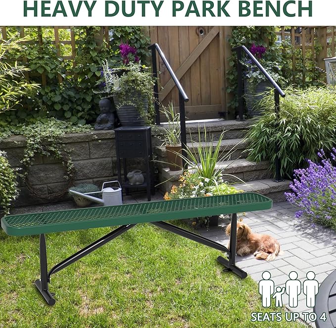 72" L Outdoor Steel Flat Bench, Heavy Duty Metal Park Bench for Outside, Expanded Metal, Commercial Benches Mesh Bench for Shopping Mall, Store, Lawn, Park, Patio, Deck, Garden (Green, 6FT)