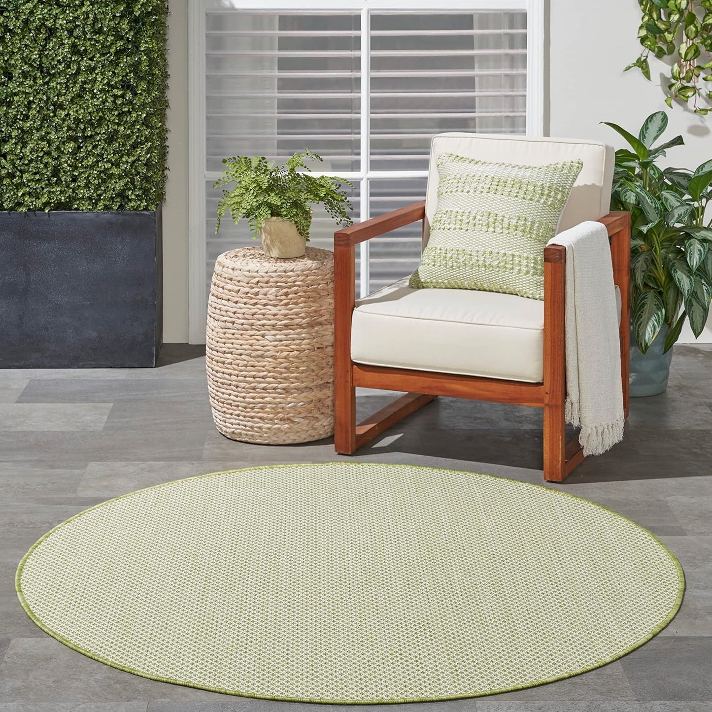 Nourison Home Courtyard Indoor/Outdoor Ivory Green 4' x Round Area Rug, Easy Cleaning, Non Shedding, Bed Room, Living Room, Dining Room, Backyard, Deck, Patio (4 Round)