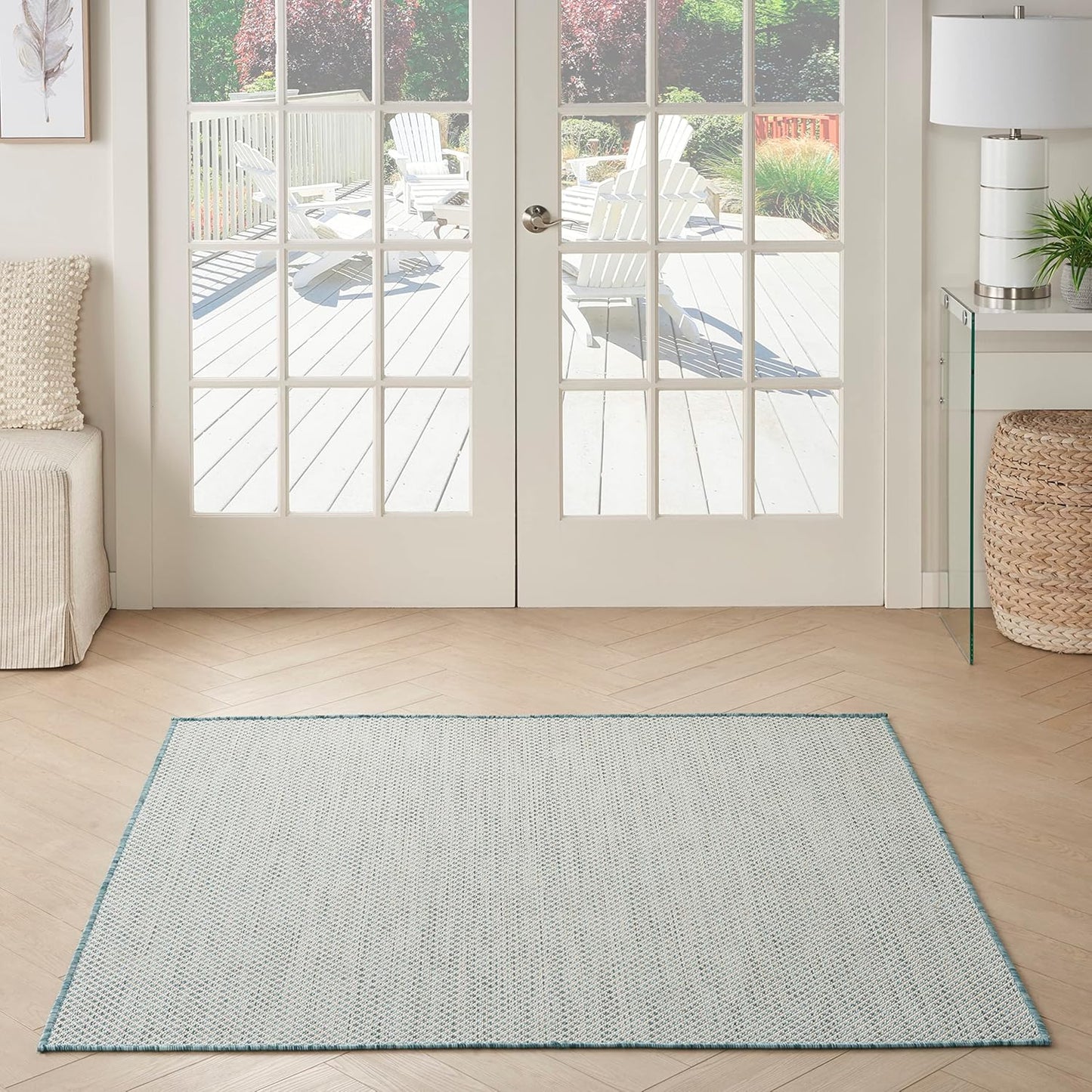 Nourison Home Courtyard Indoor/Outdoor Ivory/Aqua 5' x Square Area Rug, Easy Cleaning, Non Shedding, Bed Room, Living Room, Dining Room, Backyard, Deck, Patio (5 Square)