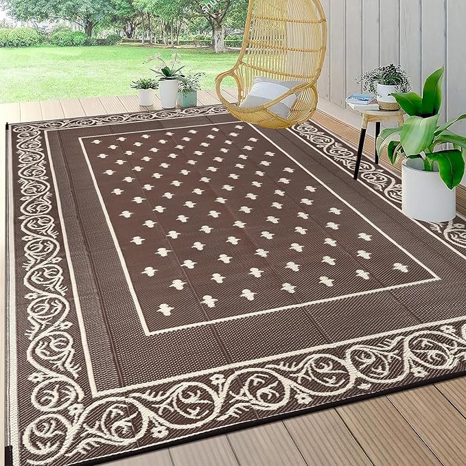 Pauwer Waterproof Outdoor Rug 10x14, Reversible Plastic Straw Patio Camping Rug, Indoor Outdoor RV Mat Carpet for Deck, Camper, Porch, Balcony, Backyard, Picnic, Bordered Brown
