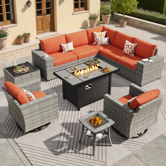 ovios 10 Pieces Patio Furniture Set, Outdoor Wicker Sectional Sofa with 42" Fire Pit Table Swivel Chairs, Modern Modular Deep Seat Rattan Couch Conversation Sets, Orange Red