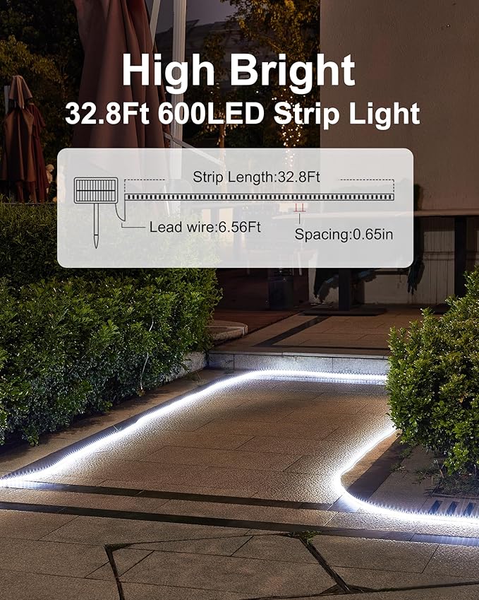 LUHLEE Solar LED Strip Lights, Upgrade Outdoor Rope Lights 8 Lighting Modes,IP65 Waterproof String Lights for Patio Yard Deck Porch Balcony Garden (White, 32.8 ft)