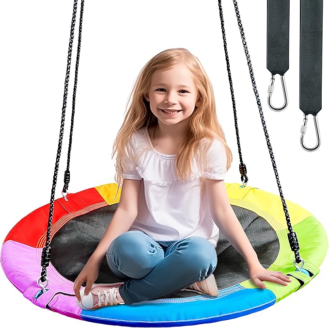 TURFEE 40" Saucer Tree Swing for Kids - 900Lb Weight Capacity, 900D Waterproof Oxford Fabric Platform Swing Seat with Adjustable Ropes for Kids Playground Outdoor Activity Backyard Fun (Rainbow)