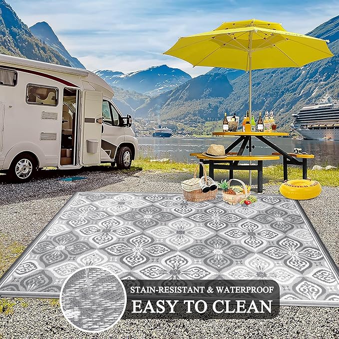 Pauwer Waterproof Outdoor Rug 8x10, Reversible Plastic Straw Patio Camping Rug, Indoor Outdoor RV Mat Carpet for Deck, Camper, Porch, Balcony, Backyard, Picnic, Clover Grey