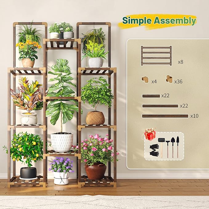 EnHomee Plant Stand Indoor Tall Plant Stand Outdoor Large Wood Plant Shelf Indoor for 12 Pots Plants,4-tiers Plant Holder for Patio Living Room Gardening Balcony34.2 Wx47.6 Hx11.78 D