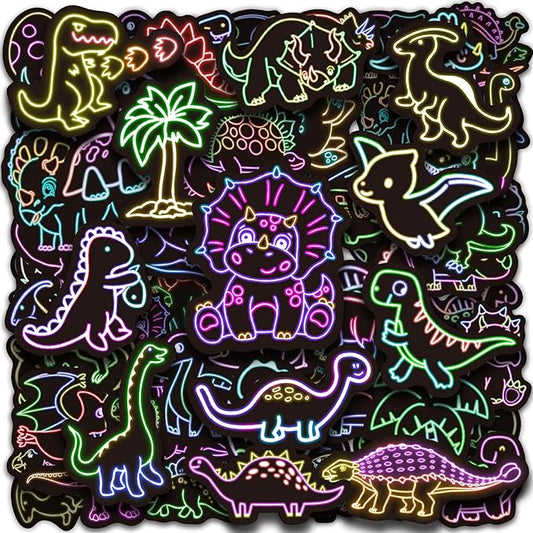 51 Pcs Neon Dinosaur Stickers for Kids, Dinos Sticker for Water Bottle, Vinyl Waterproof Laptop Decals for Teens Girls Boys, Students Adults Sticker Pack