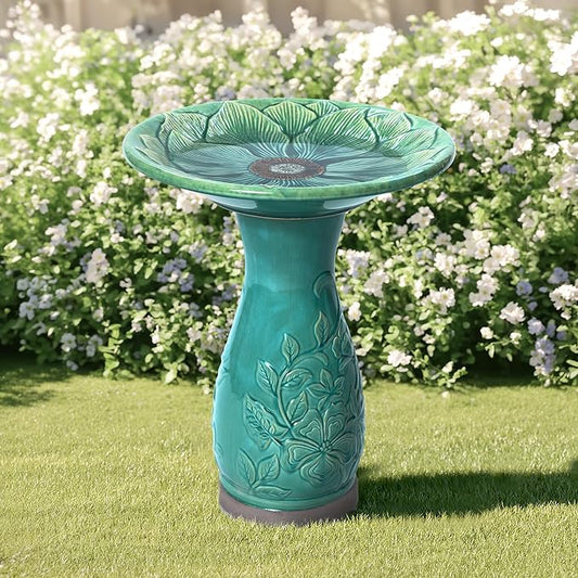 LuxenHome 23 Inch Ceramic Bird Bath for Outside, Elegant Tall Outdoor Bird Bath, Lightweight Pedestal Glazed Birdbaths for Outdoors with Floral Embossed Design, Jade Green