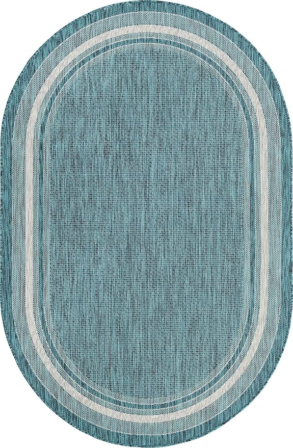 Unique Loom Outdoor Border Collection Area Rug - Soft Border (5' 1" x 8' Oval, Teal/ Ivory)