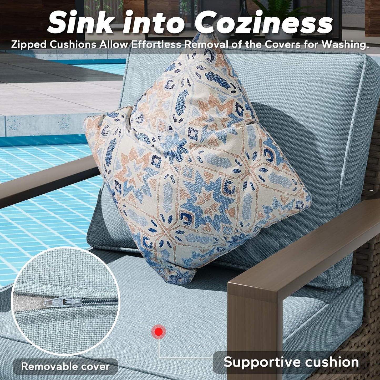 Outdoor Wicker Metal Chairs Set of 2 with Two Ottomans - 4 Pieces Patio Bistro Set with Rectangular Framed Wood-Looking Metal Armrest & Removable Cushions for Terrace, Baby Blue