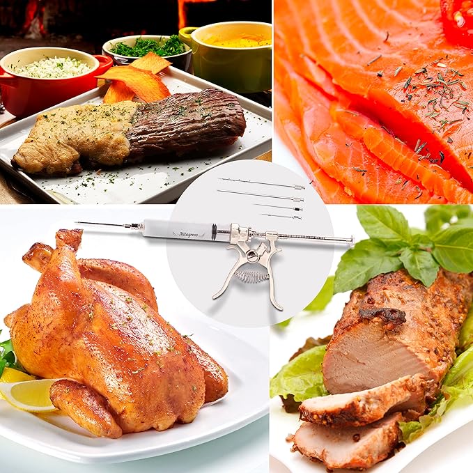 Meat Injector Syringe Stainless Steel Outdoor Meat Kit Marinade Flavor Food Injector Syringes with 4 Marinades Needles Grill Smoker Injectors Professional Syringe Held Culinary Barbecue Tool For BBG