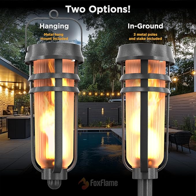 Metal Solar Torch - Adjustable Height (24" - 50"), Outdoor Lights with Flickering Flame, Waterproof Solar Powered Lights, Flame Torches for Patio, Pathway, Yard Decor, Matte Black (1-Pack)