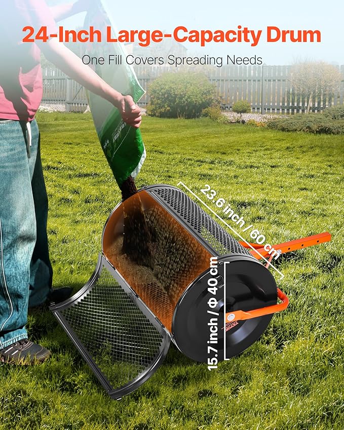 VEVOR Compost Spreader, 24 in Wide Peat Moss Spreader with T Shaped Handle, 3 Heights Adjustable, Powder-Coated Steel Garden Peat Moss Roller, Heavy Duty Grass Seed Spreaders for Planting Seeding