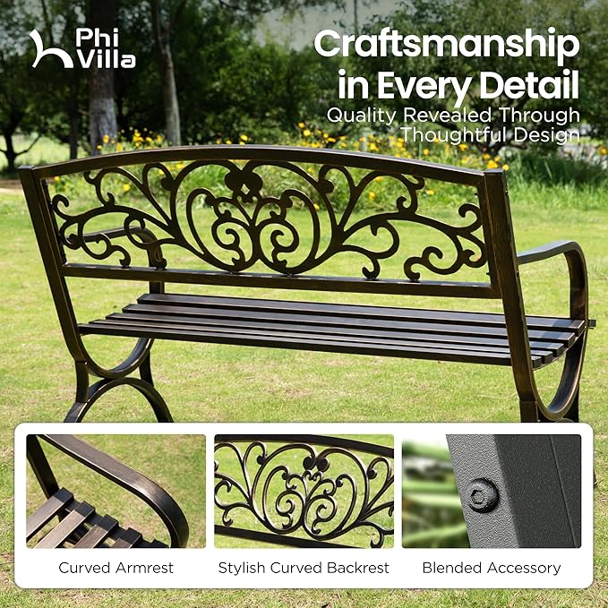 PHI VILLA 50Inch Cast Iron Steel Frame Garden Bench Patio Furniture Chair Outdoor Bench w/Floral Design Backrest, Slatted Seat for Park, Yard & Porch, Bronze