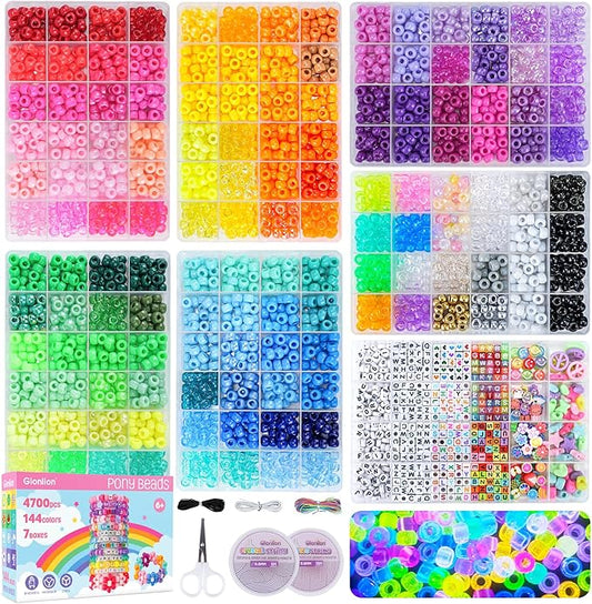 Gionlion 7 Boxes Pony Beads Bracelet Making Kit, 144 Colors 4700Pcs 6x9mm Kandi Rave Beads, Friendship Bracelet Kit with 800Pcs Letter Bead for DIY Jewelry, Keychains, Arts and Crafts for Kids Girls