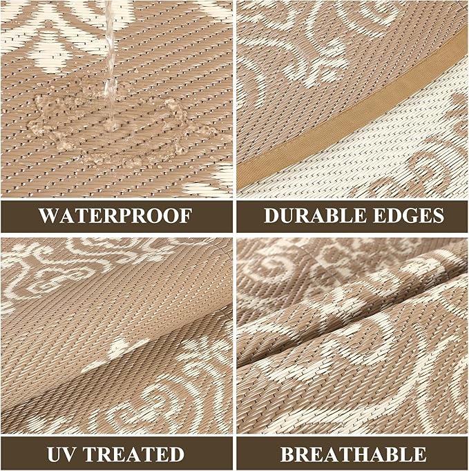 Pauwer Waterproof Outdoor Rug 6ft, Reversible Plastic Straw Patio Camping Rug, Indoor Outdoor RV Mat Carpet for Deck, Camper, Porch, Balcony, Backyard, Picnic, Floral Brown