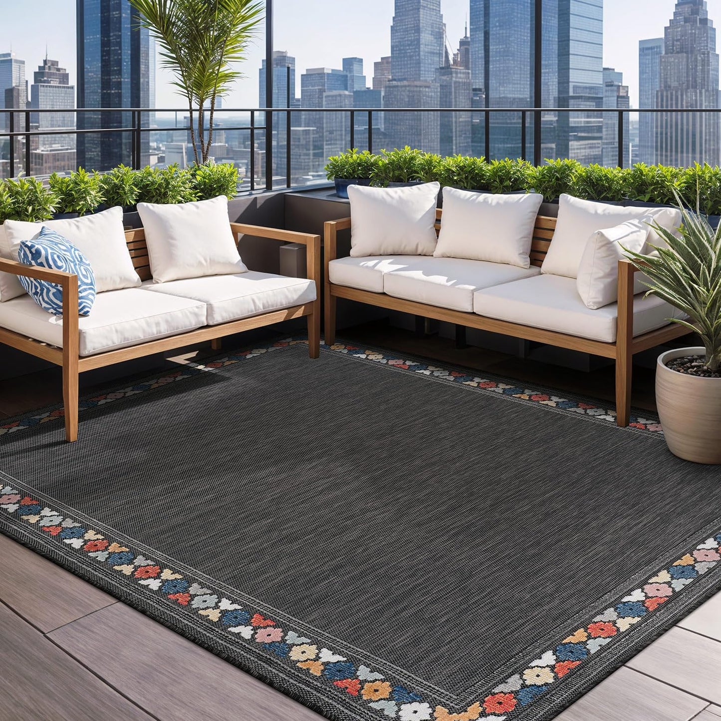 Beverly Rug Outdoor Rug 9x12 Modern Bordered Large Area Rugs for Indoor and Outdoor Patio Easy to Clean Non Shedding Living Room Porch Garden Washable Outside Carpet (9 x 12 Dark Gray)