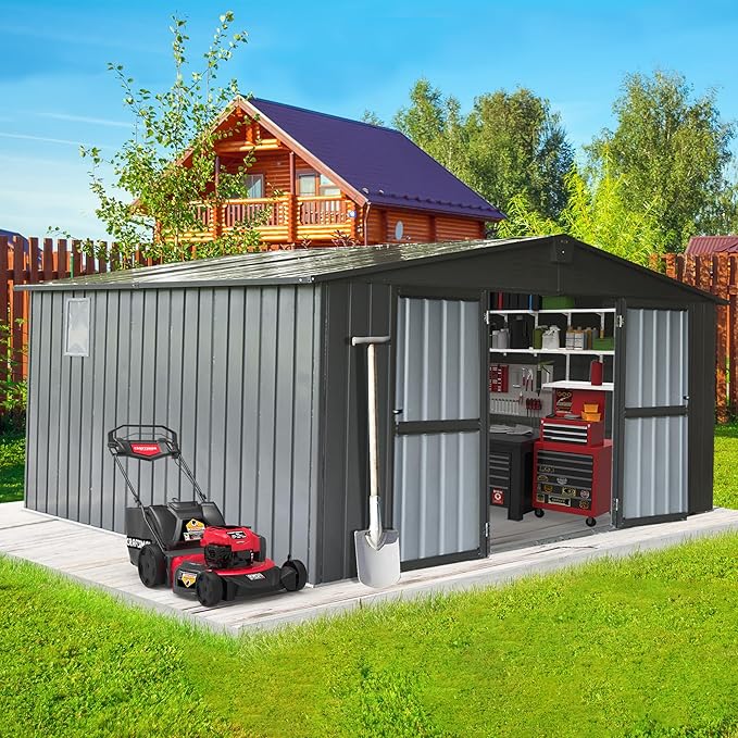 Domi Outdoor Storage Shed 11' x 12.5', Metal Sheds Steel Utility Tool Storage House with Double Lockable Doors & Air Vents for Patio Garden Lawn Backyard, Dark Gray