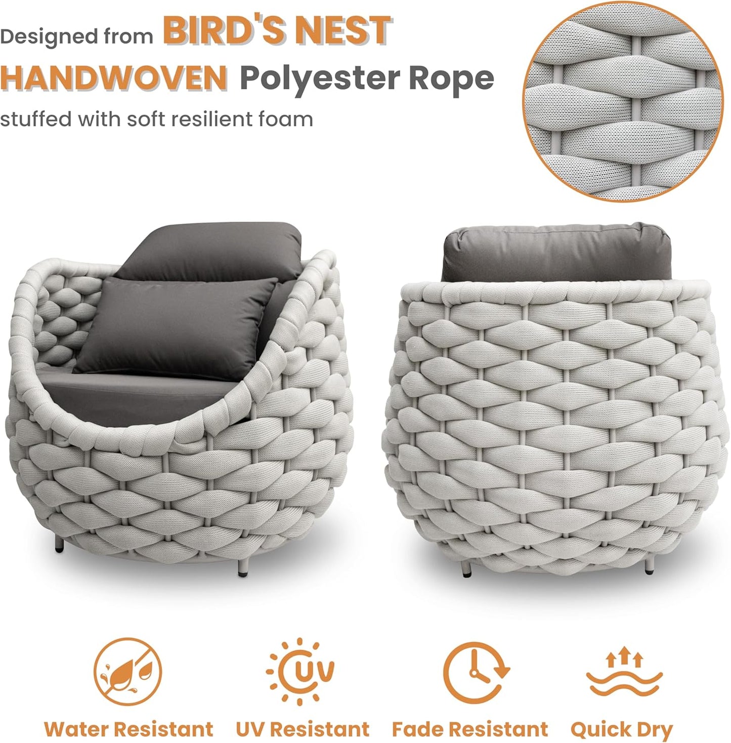 Front Porch Furniture 5 Piece Set: Aluminum Woven Rope Patio Conversation Sofa Set - Assembled Accent Chair Modern - Cushioned Armchair Couch Set for 400 lbs Deck Backyard Poolside Garden Hotel